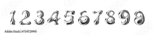 Liquid chrome metal numbers. 3d groovy hologram silver letters. Mercury effect for y2k design. Vctor illustration