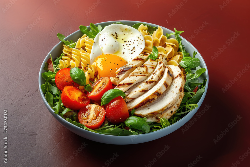 Delicious bowl of pasta with tender chicken, juicy tomatoes, and perfectly cooked egg. This versatile dish can be enjoyed for lunch or dinner and is ideal for variety of culinary concepts Delicious bowl of pasta with tender chicken, juicy tomatoes, and perfectly cooked egg. This versatile dish can be enjoyed for lunch or dinner and is ideal for variety of culinary concepts