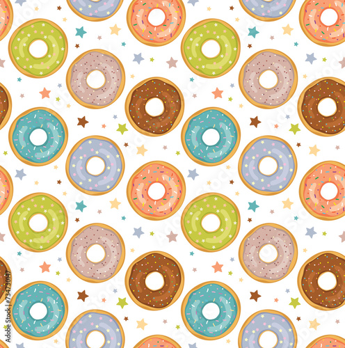 Seamless pattern with colorful glazed donuts. Vector cute sweet background