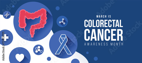 March is Colorectal Cancer Awareness Month - Text and Blue ribbon, colorectal and medical icon in circle bubble sign on white blue background vector design