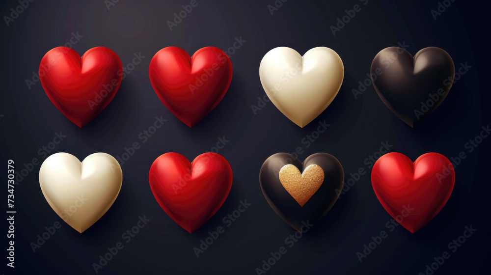 Set of six different colored hearts on black background. Perfect for expressing love and affection in various designs and projects