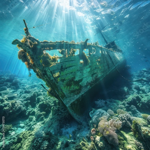 The appearance of the shipwreck on the mossy seabed is complemented by the beauty of the coral reefs in the area and the light penetrating the surface of the sea water. Generative Ai © Myname