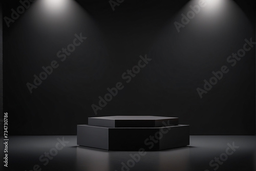 A black modern Podium with dark black gradient Studio Background Perfect For Advertising Banners Product Designs And Mockups