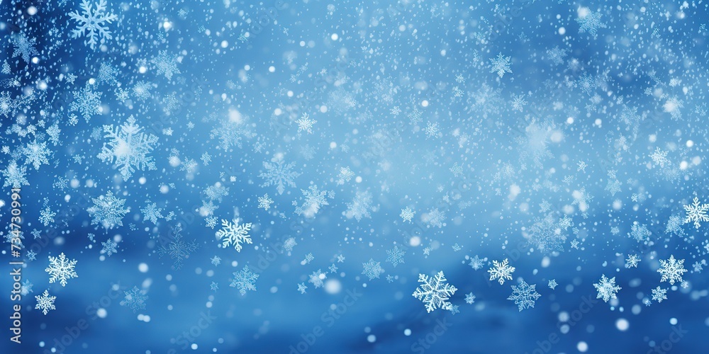 snowflakes and ice crystals isolated on blue sky, panoramic winter background
