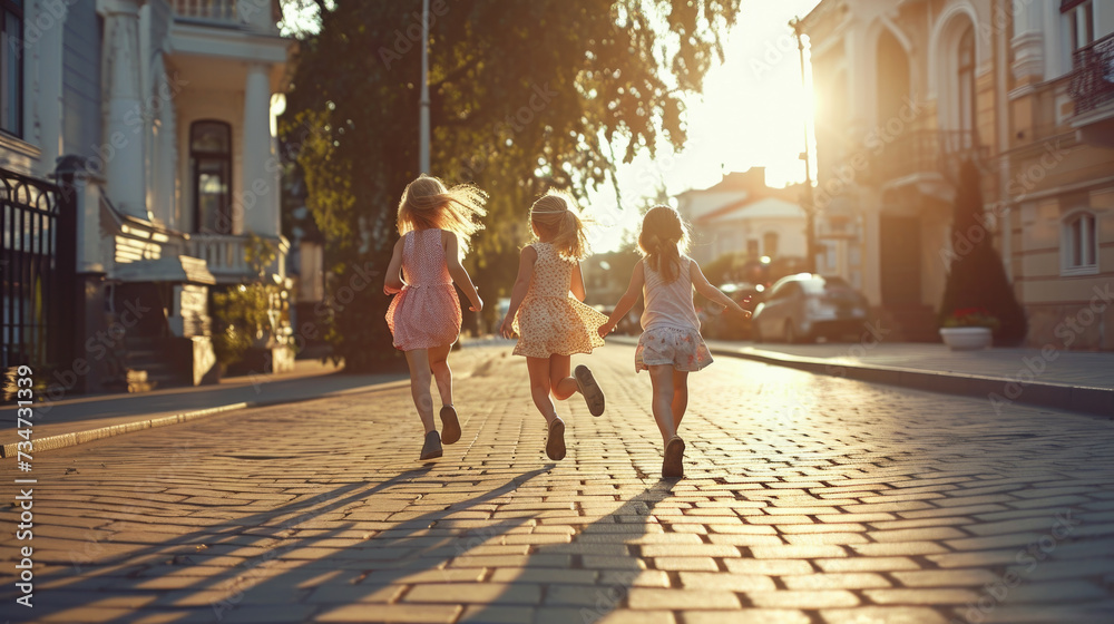 Two little girls running down brick street. Suitable for children's activities and outdoor adventures