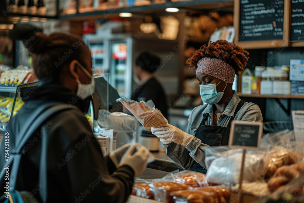 Woman is pictured wearing face mask and gloves. This image can be used to represent safety precautions, hygiene practices, or protection against germs Woman is pictured wearing face mask and gloves. This image can be used to represent safety precautions, hygiene practices, or protection against germs