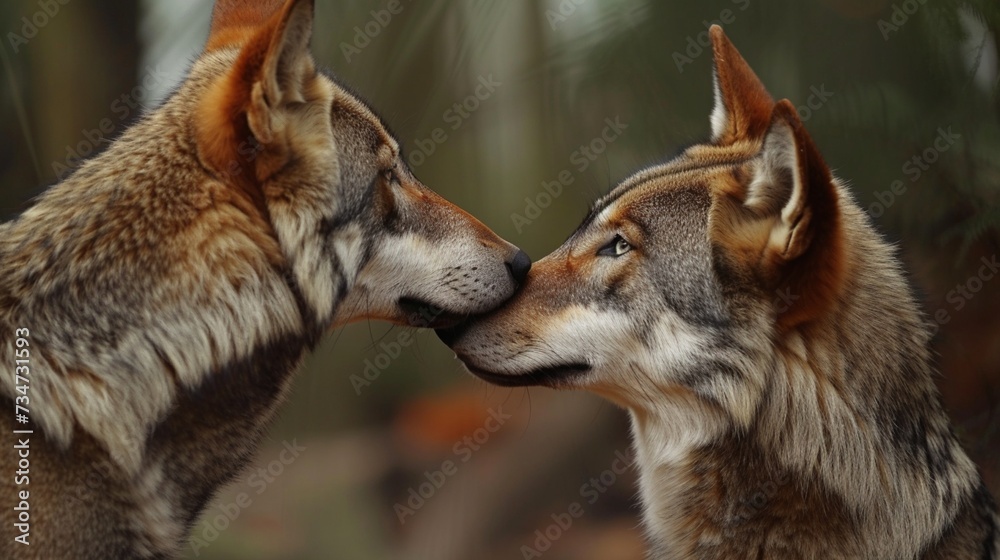 A pair of red wolves engaged in a tender moment of affection, their noses touching in a gentle gesture of intimacy amidst the tranquil beauty of the forest.