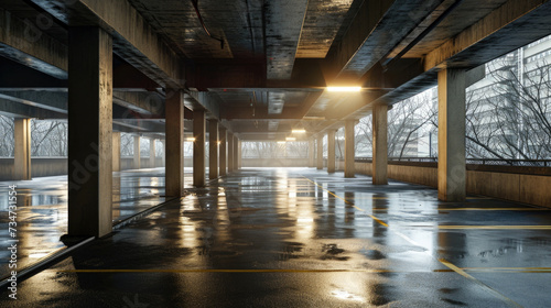 Empty parking garage with fire hydrant in middle. Suitable for urban and industrial concepts