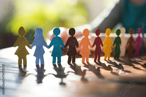 Paper people figures holding hands on table. Suitable for educational materials or team building concepts