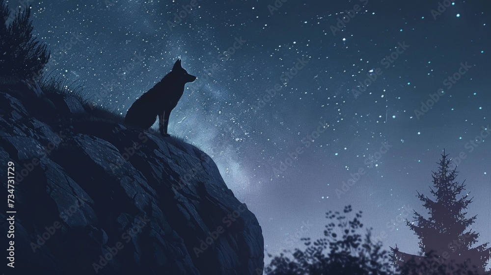 A red wolf perched atop a rocky cliff, its silhouette outlined against the vast expanse of the starry night sky, a lone sentinel in the darkness.