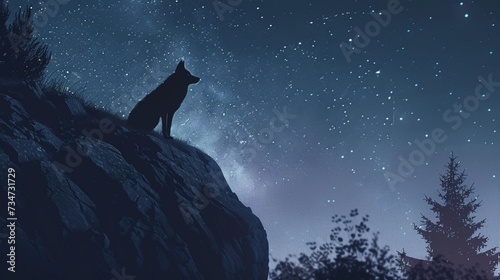 Obraz na płótnie A red wolf perched atop a rocky cliff, its silhouette outlined against the vast expanse of the starry night sky, a lone sentinel in the darkness. w salonie