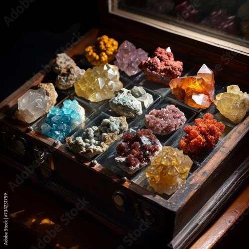 Assorted Crystals Displayed in Illuminated Wooden Box photo