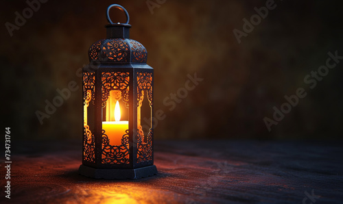 Arabic lantern with burning candle glowing at dark background. Festive greeting card. copy space