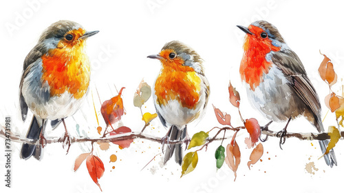 Three birds sitting on branch. Suitable for nature-themed designs