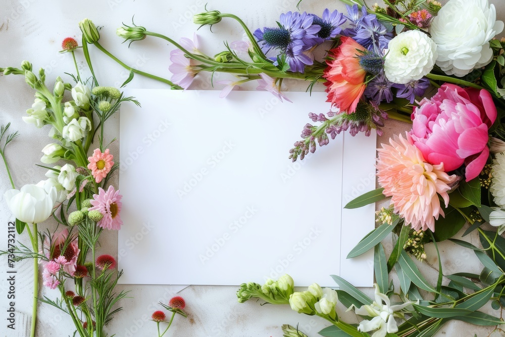 A white canvas of possibility, A single sheet of paper lies on a wooden table, surrounded by a vibrant burst of colorful wildflowers