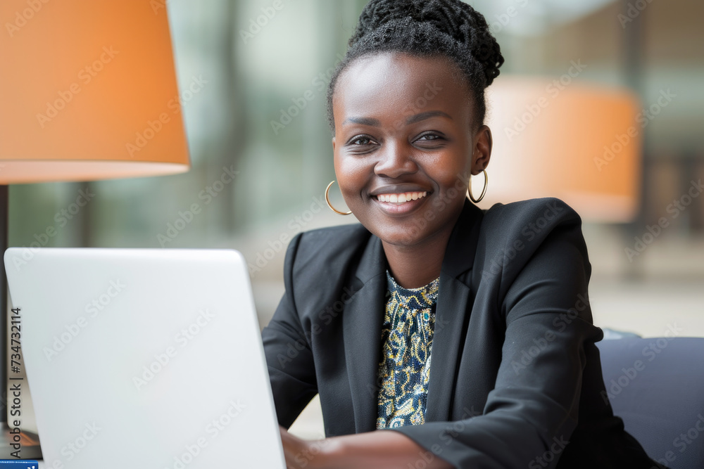 Woman sitting in front of laptop computer. This image can be used to represent technology, remote work, or online communication Woman sitting in front of laptop computer. This image can be used to represent technology, remote work, or online communication