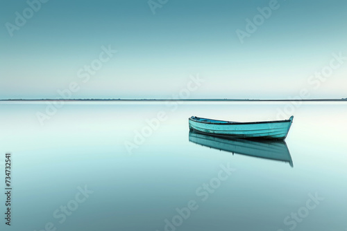 Small blue boat peacefully floating on top of serene lake. Perfect for nature and outdoor themed projects © vefimov