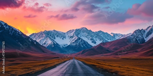 A highway leading towards a range of snow-capped mountains, with a colorful sunrise sky above #734732765