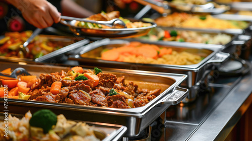 Diverse spread of delicious food options displayed on buffet table. Perfect for any event or gathering