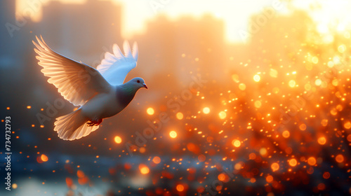 as free as a bird, Freedom, dove flies in a golden sunset with sparkling lights around it © weerasak