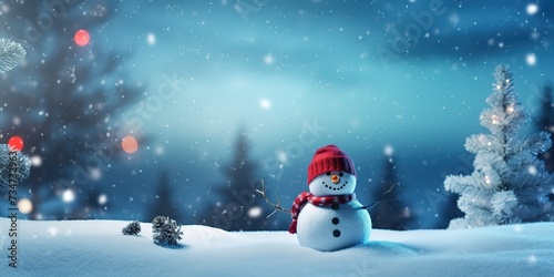 Snowman in winter forest Christmas and New Year holidays background  © candra