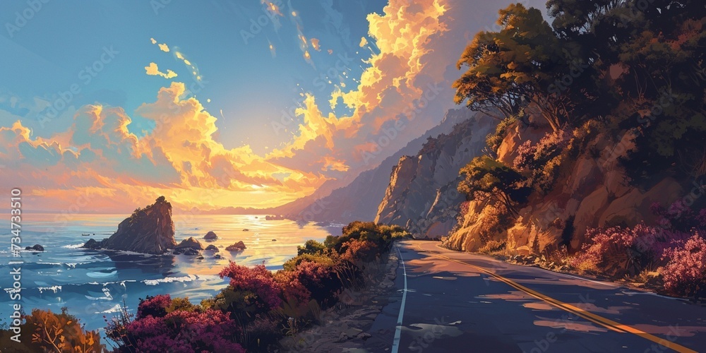 A highway leading to a secluded cove, with cliffs on either side and the sunrise reflecting off the ocean - obrazy, fototapety, plakaty 