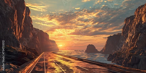 A highway leading to a secluded cove, with cliffs on either side and the sunrise reflecting off the ocean