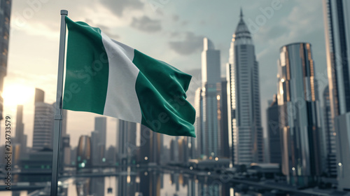 Nigerian flag presented against a modern urban skyline