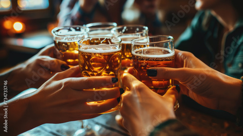 Group of people holding glasses of beer. Perfect for social gatherings and parties