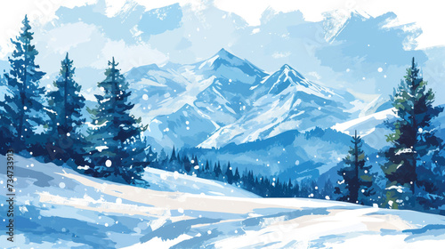 Beautiful painting of snowy mountain scene with tall pine trees. Perfect for winter-themed designs and nature-inspired projects © vefimov