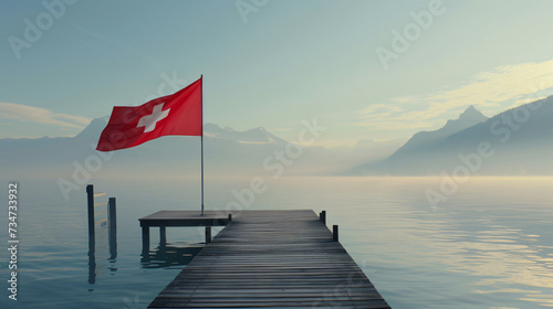 Hyperrealistic depiction of the Swiss flag elegantly swaying in the wind against the spotless backdrop of a Lake photo