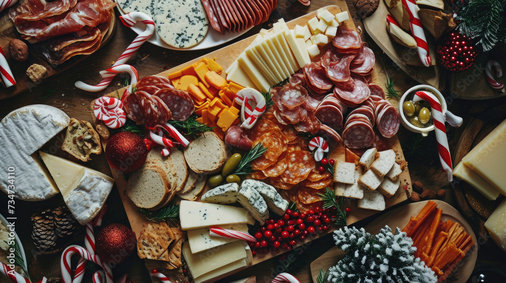 Variety of cheeses, meats, and crackers arranged on table. Perfect for food and catering-related projects Variety of cheeses, meats, and crackers arranged on table. Perfect for food and catering-related projects