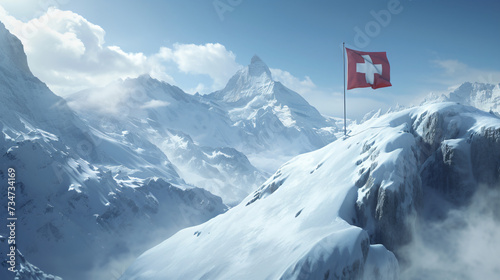 Swiss flag elegantly displayed against the snowy peaks of the mountains