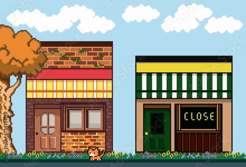 Fototapeta Naklejka Na Ścianę i Meble -  Pixel art vintage european coffee shop with tree, cat, flowers and blue sky clouds. Facade of old coffee shop. Design for wallpaper, background, mobile app, computer game. 