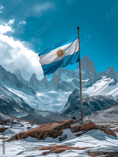Argentine flag gently waving in the wind against the backdrop of the mountains