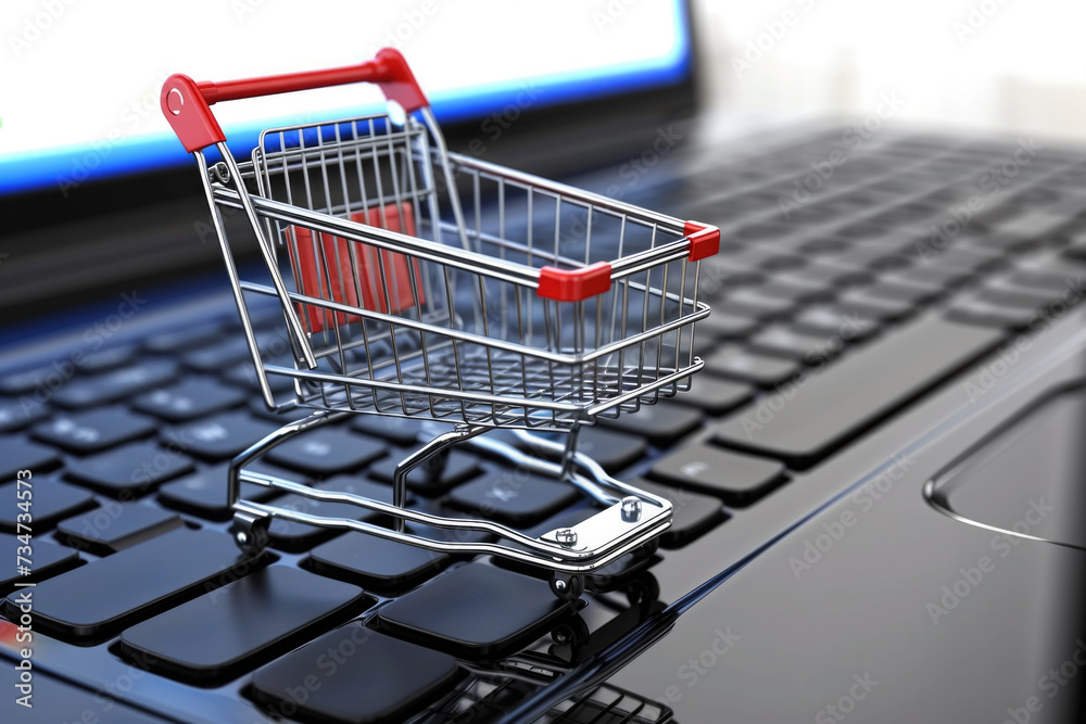 Shopping cart is placed on top of laptop keyboard. This image can be used to represent online shopping or e-commerce concepts.