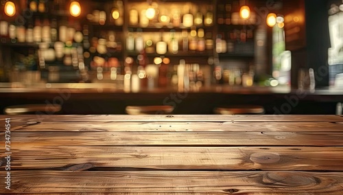 Wooden table stands empty invitingly set softly blurred background captures essence of relaxed yet stylish interior table surface illuminated by warm diffused light awaits placement of products © Thares2020