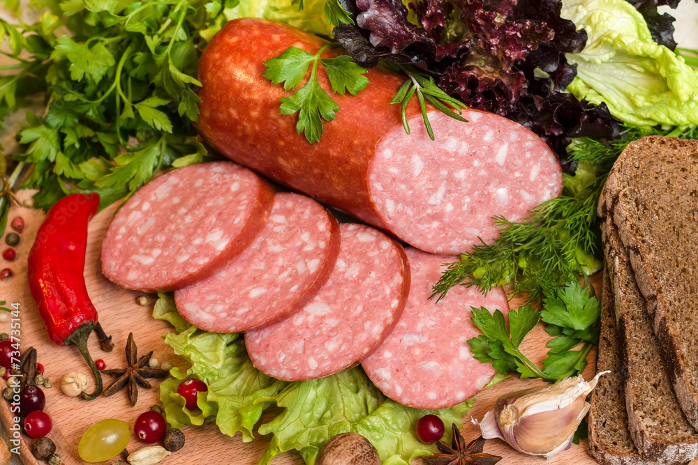 Top view of smoked sausage with seasonings, vegetables and slices of bread Top view of smoked sausage with seasonings, vegetables and slices of bread