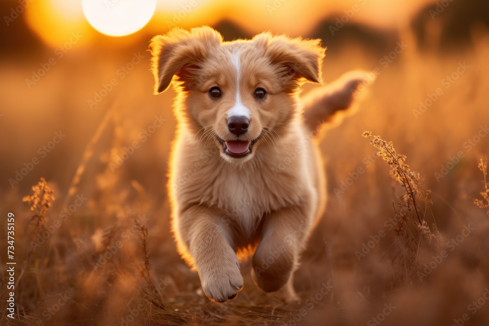 Joyful puppy running through field at sunset. Pet vitality and happiness.