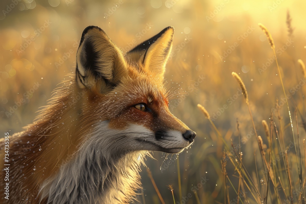 Obraz premium Wild fox sitting in a field during the golden hour.