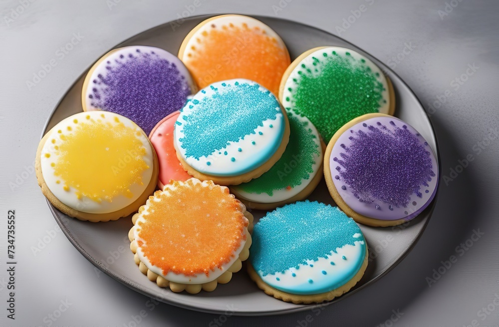 A plate of homemade sugar cookies decorated with frosting. round shaped cookies. glaze of bright colors. Sprinkled sugar balls of different colors on top. banner with space for text. light gray concre A plate of homemade sugar cookies decorated with frosting. round shaped cookies. glaze of bright colors. Sprinkled sugar balls of different colors on top. banner with space for text. light gray concre