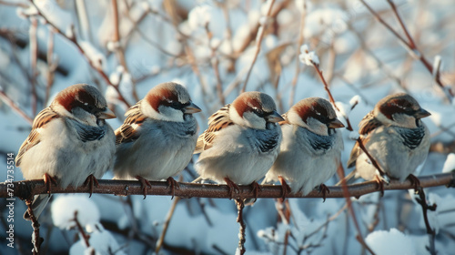 Group of birds sitting on top of tree branch. Perfect for nature and wildlife illustrations © vefimov