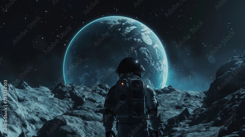 lone astronaut stands on the moon’s surface, gazing at the Earth rising above the horizon, illuminating the darkness of space