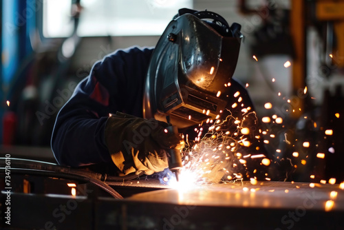 Welder is seen working on piece of metal. This image can be used to showcase metalworking, craftsmanship, or industrial processes