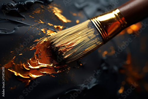 Masterstroke of Creativity: A Brush with Golden Paint on Dark Canvas photo