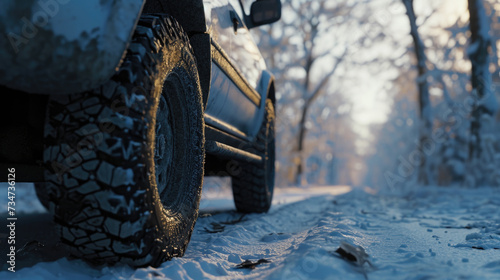 Truck parked on snowy road. Suitable for winter transportation or snowy landscapes