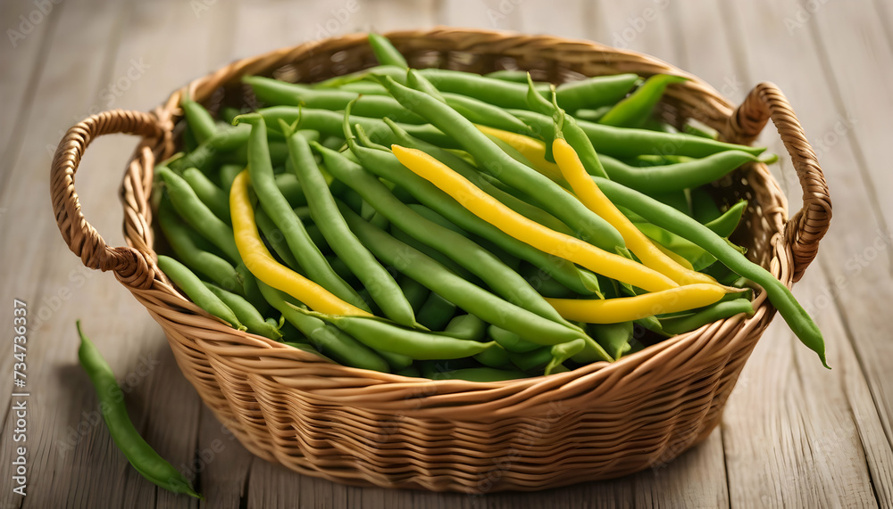 A basket of vibrant green and yellow beans, a visual delight of crisp and tender goodness A basket of vibrant green and yellow beans, a visual delight of crisp and tender goodness