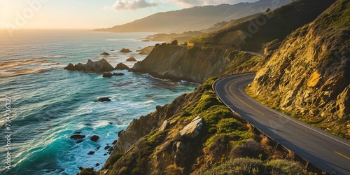 A coastal highway with sheer cliffs on one side and a turquoise ocean on the other, as the sun rises over the water
