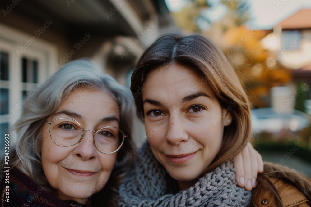 woman and mother taking picture in front of home, in the style of studio portrait, bokeh, ferrania p30, light gray and light brown, asymmetrical framing, optical, close-up woman and mother taking picture in front of home, in the style of studio portrait, bokeh, ferrania p30, light gray and light brown, asymmetrical framing, optical, close-up