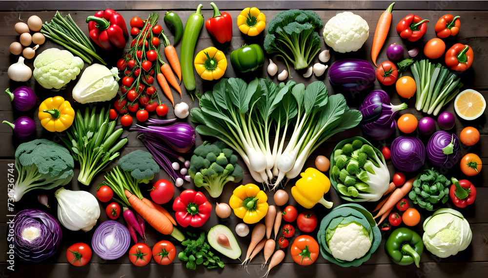 A bountiful harvest of vibrant vegetables, arranged like a rainbow on a rustic farm table